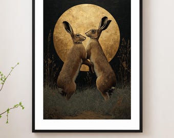 Two Hares Wall Art Print, Vintage Sun Illustration Poster, Nature Decor. Moonlit Hare
