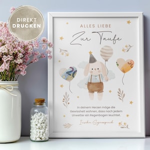 Karte zur Taufe | Direkt ausdrucken | Digitaldownload | Hase | Aquarell | Taufkarte | Taufspruch | Sofortdruck
