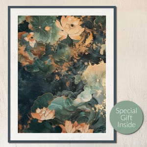 Póster de flores de río con arte mural japonés, regalo de cumpleaños para un amigo, impresión abstracta de arroyo índigo verde, nenúfares, descarga digital japonesa