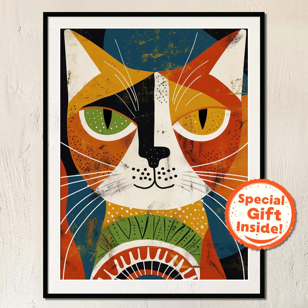 Colorful Funny Cat Poster Pet Mid Century Modern Wall Art Vintage Style ...