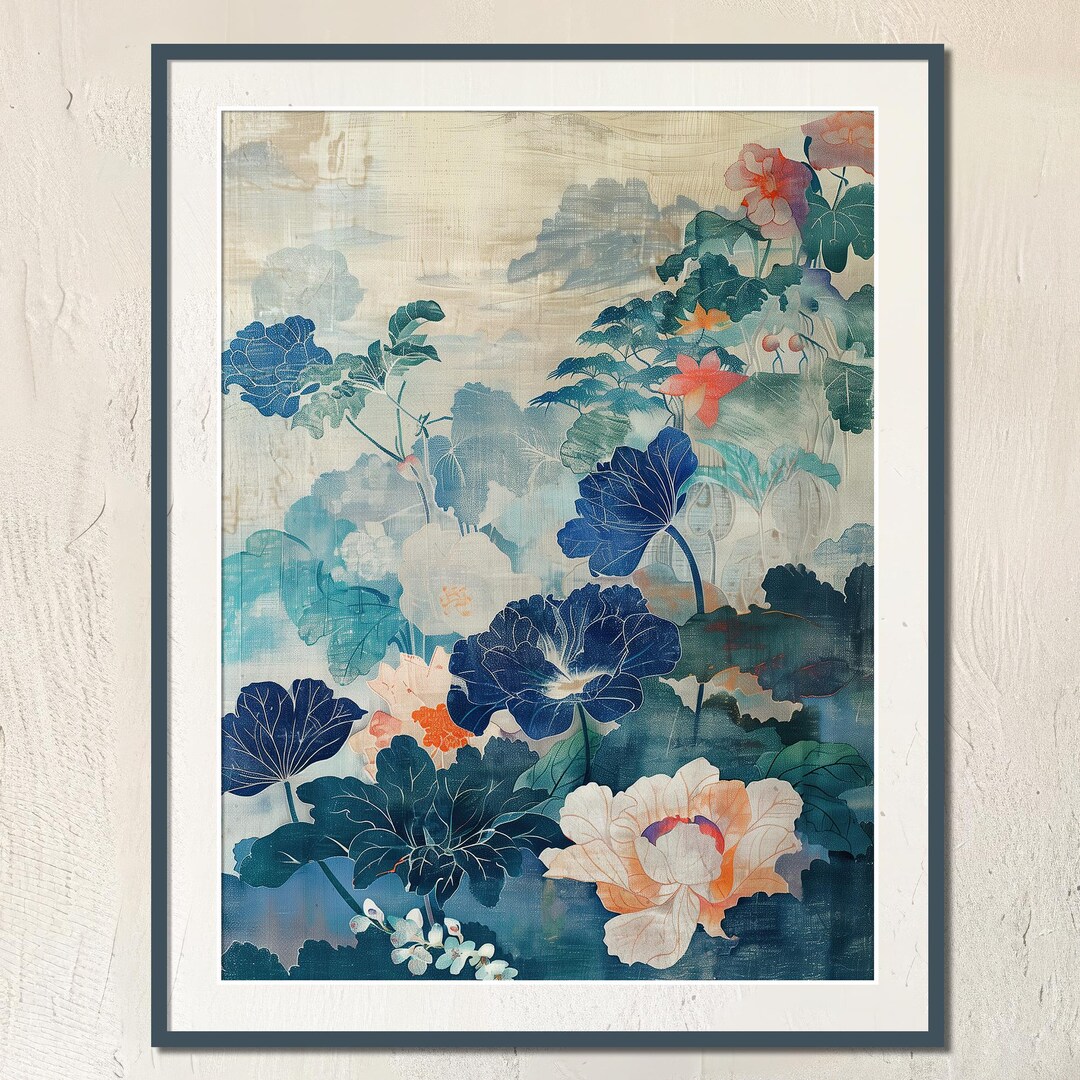 Japanese Abstract Wall Art Blue Water Lily Pond Lotus Poster Zen Flower ...
