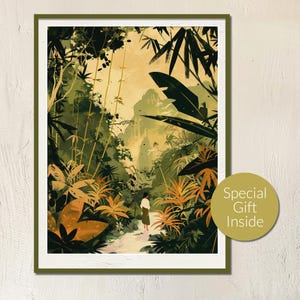 Arte mural con paisaje tropical asiático, mujer en la naturaleza, verde, místico, selva, serenidad, sendero, póster de viaje botánico, bohemio, consciente, impresión digital