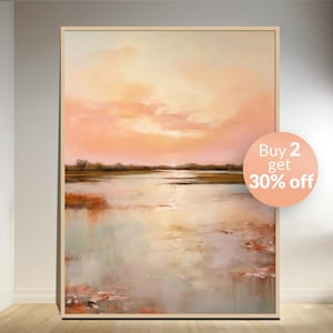 Sonnenuntergang Landschaft Wand Kunst Altrosa Pastell Wassermalerei Gelassene Natur DIGITALER Druck Moderner See Poster Stimmung Geschenk Idee Wohnkultur