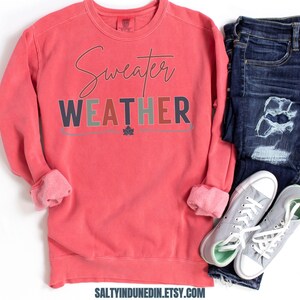 May include: A coral colored sweatshirt with the text "Sweater Weather" in a colorful font. The sweatshirt has long sleeves and a crew neck.