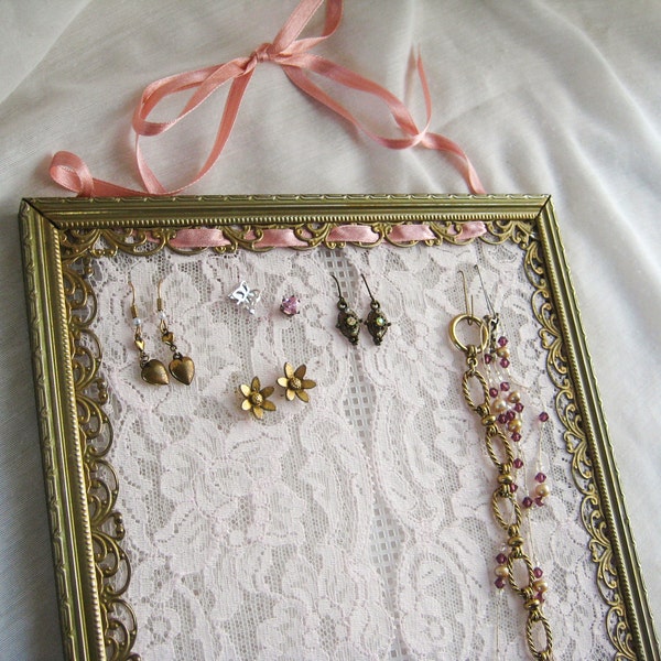 Earring Holder Organizer Jewelry Display Frame Romantic Cottage Chic Vintage Upcycled Metal Picture Frame