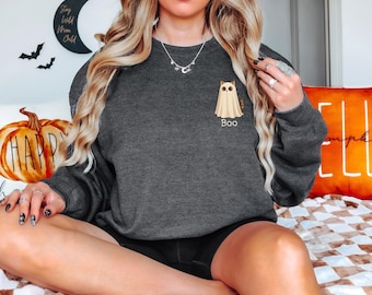Boo Sweatshirt | Cute Cat Halloween Crewneck | Halloween Fall Pullover | Cozy Autumn Ghost Animal Sweater | Spooky Season Gift for Her