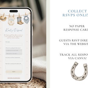 May include: A smartphone displaying a digital baby shower RSVP form with a western theme. The screen features watercolor illustrations of a cowboy hat, a baby onesie, boots, and a bandana hanging on a clothesline, with text fields for guest responses.