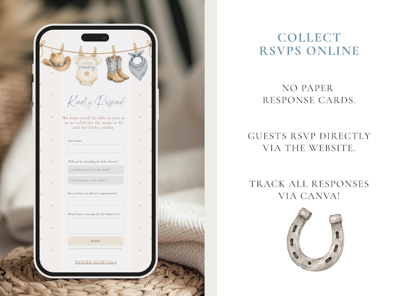 May include: A smartphone displaying a digital baby shower RSVP form with a western theme. The screen features watercolor illustrations of a cowboy hat, a baby onesie, boots, and a bandana hanging on a clothesline, with text fields for guest responses.