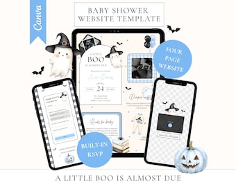 Halloween Baby Shower Website Template, Baby Boy, Blue Little Boo Theme, Editable Canva Invitation Website (Digital Download)