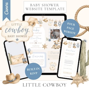 Cowboy Baby Shower With RSVP Website Invite, Country Boy Invitation, Western Theme, A Little Cowboy, Editable Canva Website image 1