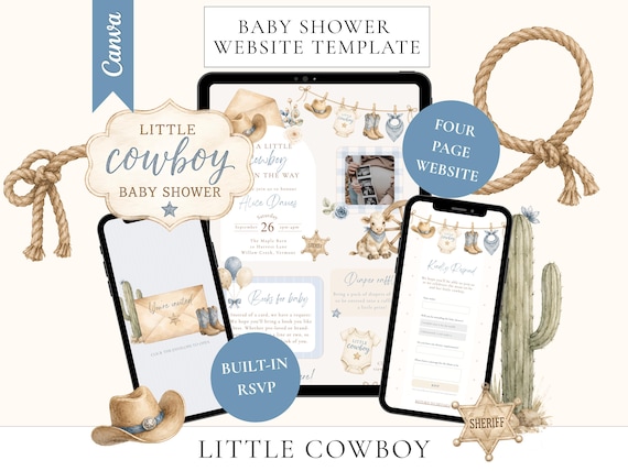 Cowboy Baby Shower With RSVP Website Invite, Country Boy Invitation, Western Theme, A Little Cowboy, Editable Canva Website