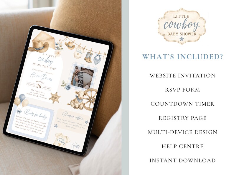 Cowboy Baby Shower With RSVP Website Invite, Country Boy Invitation, Western Theme, A Little Cowboy, Editable Canva Website image 6