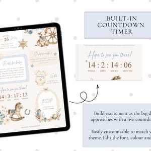 May include: A digital tablet displaying a baby shower invitation template with a western theme, featuring illustrations of a rocking horse, wagon wheel, and cowboy hat. The screen shows text including "Books for baby," "Diaper raffle," and a built-in countdown timer.