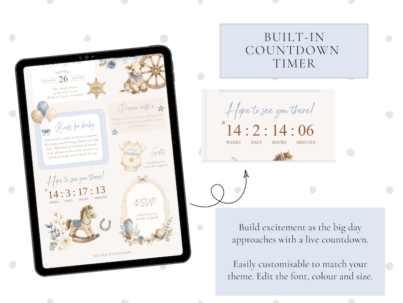 May include: A digital tablet displaying a baby shower invitation template with a western theme, featuring illustrations of a rocking horse, wagon wheel, and cowboy hat. The screen shows text including "Books for baby," "Diaper raffle," and a built-in countdown timer.
