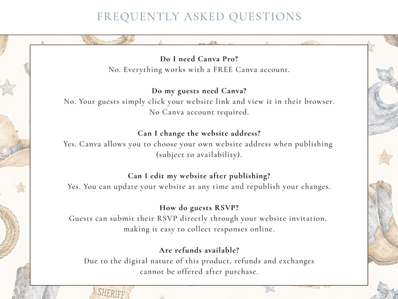 May include: A digital frequently asked questions graphic for a website invitation. The text addresses Canva account requirements, website link sharing, address customization, editing capabilities, RSVP collection, and the digital refund policy.