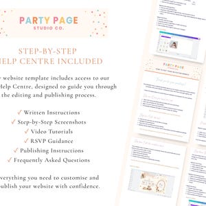 May include: A digital information sheet for Party Page Studio Co. featuring a step-by-step help center guide. The document includes text, checkmarks, and screenshots detailing website template editing, publishing, and RSVP management instructions.