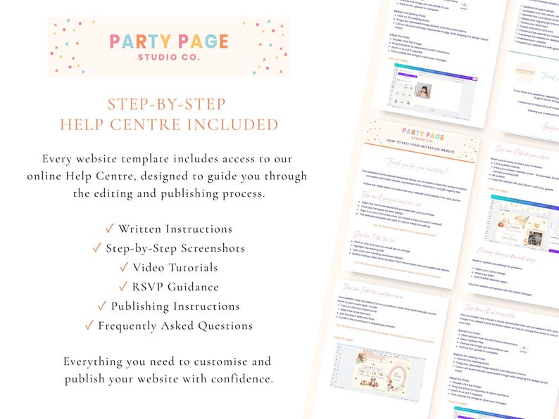 May include: A digital information sheet for Party Page Studio Co. featuring a step-by-step help center guide. The document includes text, checkmarks, and screenshots detailing website template editing, publishing, and RSVP management instructions.