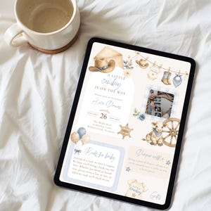 May include: A digital tablet displaying a baby shower invitation with a cowboy theme. The design features watercolor illustrations of a hat, boots, a calf, and a sheriff badge, with text reading A Little Cowboy Is On The Way, Books for Baby, and Diaper Raffle.
