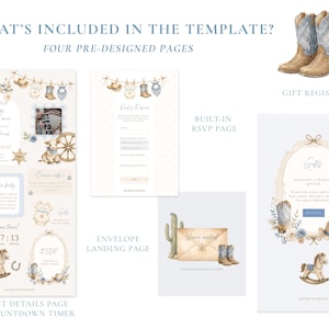 May include: A digital baby shower invitation template set featuring four pre-designed pages with watercolor western motifs including cowboy boots, hats, rocking horses, and cacti. The layout includes text for event details, RSVP, gift registry, and a countdown timer.