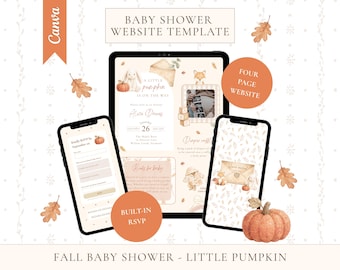 Fall Baby Shower Website Template with RSVP & Countdown, Editable Canva Website Template, A Little Pumpkin Is On The Way