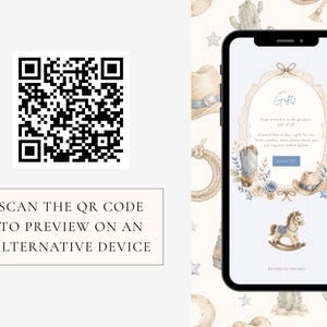 May include: A black smartphone displaying a digital invitation with watercolor illustrations of cowboy boots, a hat, and a rocking horse, alongside a QR code with the text SCAN THE QR CODE TO PREVIEW ON AN ALTERNATIVE DEVICE on a light background.