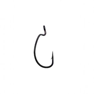 May include: A black, curved fishing hook with a small eyelet at the top.