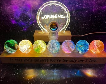 Pancake Day 2025 Gift 7 Chakra Relaxing Inside Out Marble Spheres Galaxy Night Lamp with Wooden LED Base gift for Him Her Personalised Gift