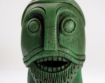 Reproduktion av vikingahuvud, Oserberg-vagn, museumsprydnad, snidad nordisk skulptur.