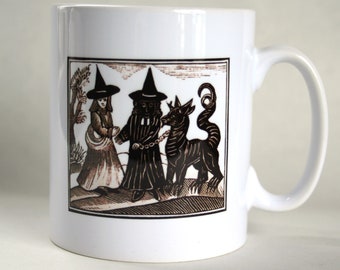 Black Magic Pagan White Witch Coffee Tea Mug Printed Cup Medieval Woodcut Design Witch Craft