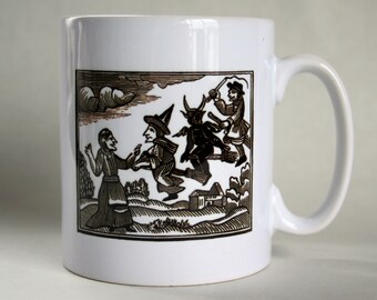 Black Magic Pagan Witch Broomstick Coffee Tea Mug Printed Cup Medieval Woodcut Design Witch Craft