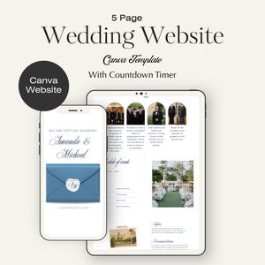 Canva-sjabloon voor trouwwebsite, bewerkbare trouwwebsite, digitale uitnodiging, RSVP, countdowntimer, modern bruiloftsontwerp