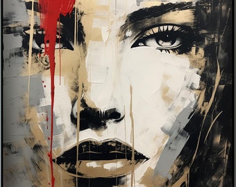 Golden Portrait Of A Girl, Woman Face, Red Lipstick, Handmade, Textured Painting, Acrylic Abstract Oil Painting, Wall Decor, Office Wall Art