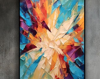 Gold, Beige, Blue, Purple Crystals, Debris Handmade Original Textured Oil Painting, Acrylic Abstract Wall Decor Living Room, Office Wall Art