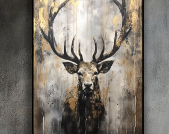 Wild Deer With Big Horns, Gold, Handmade, Textured Painting, Acrylic Abstract Oil Painting, Original Wall Decor Living Room, Office Wall Art