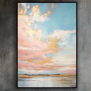 Pink, Blue Sky, Seascape, Gold, Handmade  Original Textured Painting, Acrylic Abstract Oil Painting, Wall Decor Living Room, Office Wall Art