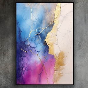 Gold Blue, White, Pink Abstract, Golden Handmade Original Textured Oil Painting, Acrylic Abstract Art Wall Decor Living Room Office Wall Art