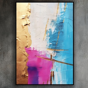 Handmade Gold & Blue Abstract Oil Painting: Textured Wall Art