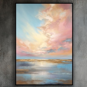 Pink, Blue Sky, Seascape, Gold, Handmade  Original Textured Painting, Acrylic Abstract Oil Painting, Wall Decor Living Room, Office Wall Art
