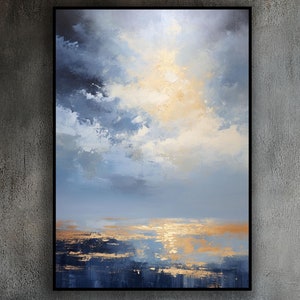 Gold, Blue Seascape, 100% Handmade Textured Painting Acrylic Abstract Oil Painting, Wall Decor Living Room Office Wall Art Original Painting