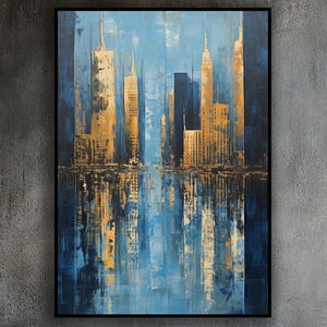 Blue, New York Cityscape, Manhattan, 100% Handmade, Textured Painting, Acrylic Abstract Oil Painting, Original Wall Decor, Office Wall Art