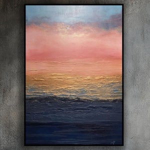 Pink And Gold Sunset, Blue Seascape, Handmade Original Textured Oil Painting, Acrylic Abstract Art, Wall Decor Living Room, Office Wall Art