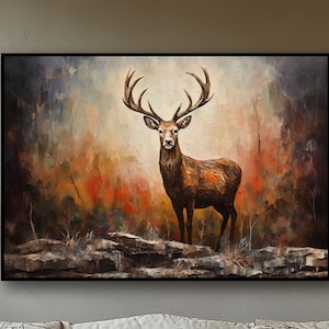 Handmade Original Canvas Deer in Forest Modern Oil Painting , Mystical Forest Wall Art, Deer Painting, Animals Wall Decor, Large Wall Art