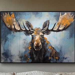 Deer Horizontal Painting, Handmade, Deer Oil Painting, Textured Blue Painting, Acrylic Abstract Oil Painting, Wall Decor Living Room, Modern