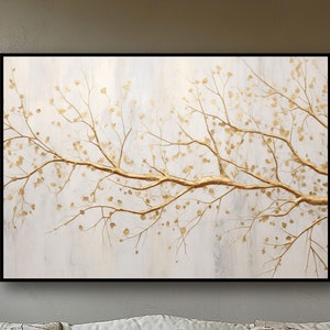 Tree Oil Painting Gold Abstract Art, Large Tree Tower Landscape Painting Contemporary Textured Gold Tree Painting For Living Room Wall Décor
