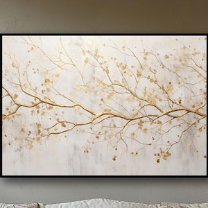 Tree Oil Painting Gold Abstract Art, Large Tree Tower Landscape Painting Contemporary Textured Gold Tree Painting For Living Room Wall Décor