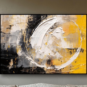 Yellow, White, Black, 100% Hand Painted, Textured Modern Painting, Acrylic Abstract Oil Painting, Wall Decor Living Room, Office Wall Art