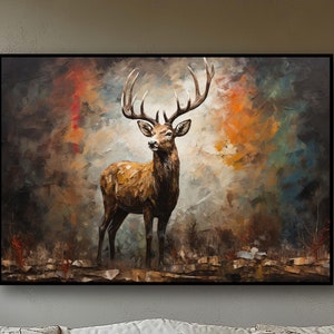 Handmade Original Canvas Deer in Forest Modern Oil Painting , Mystical Forest Wall Art, Deer Painting, Animals Wall Decor, Large Wall Art