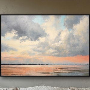 Pink, Blue Nature Landscape, Lake Handmade, Original Textured Painting Acrylic Abstract Oil Painting Wall Decor Living Room Office Wall Art