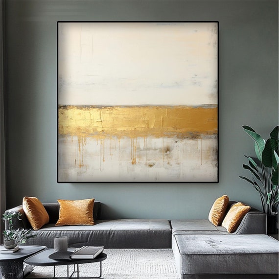 黄金の抽象油絵：質感のある白と金の壁アート - Etsy 日本