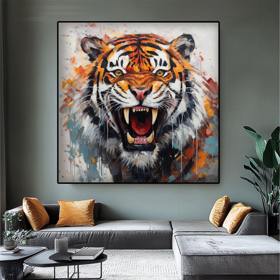 テクスチャのある虎の絵画：モダンな抽象動物の肖像画、リビングルーム